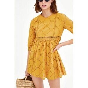 Eyelet Babydoll Dress Crochet Trim Long Sleeve‎ Casual Mini Dress Size L